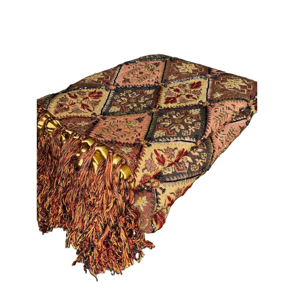 Vtg Pier 1 Tapestry Fringe Throw Blanket Boho Beaded Diamond Moroccan INDIA